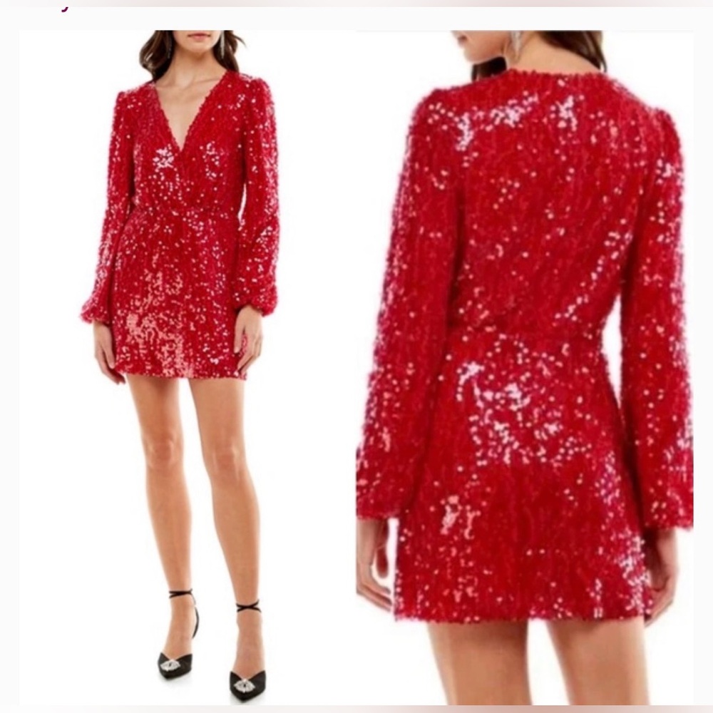 Wayf Red Carrie Sequin balloon sleeve mini dress sz Small